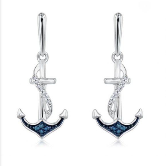 Sterling Silver Blue Diamond Anchor Drop Earrings - Picture 1 of 10